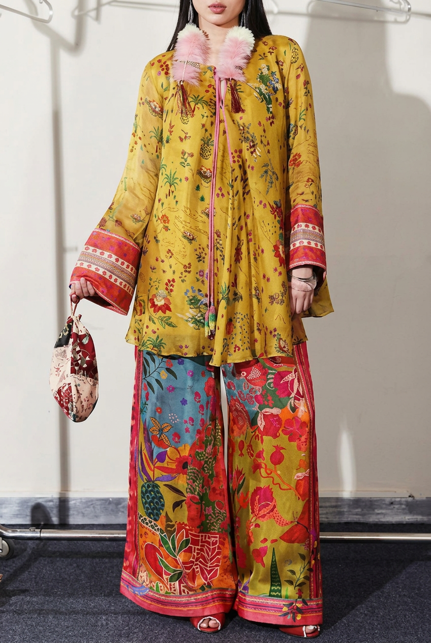 Model wearing a mustard yellow floral kurti with fur collar and vibrant printed palazzo pants