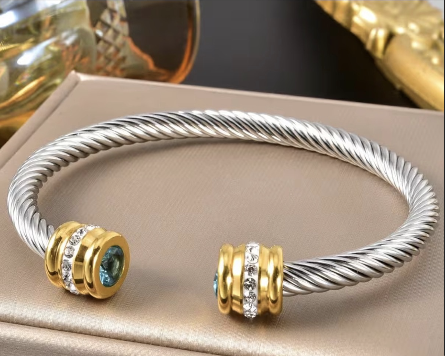 Silver and gold open cuff bracelet with crystal accents