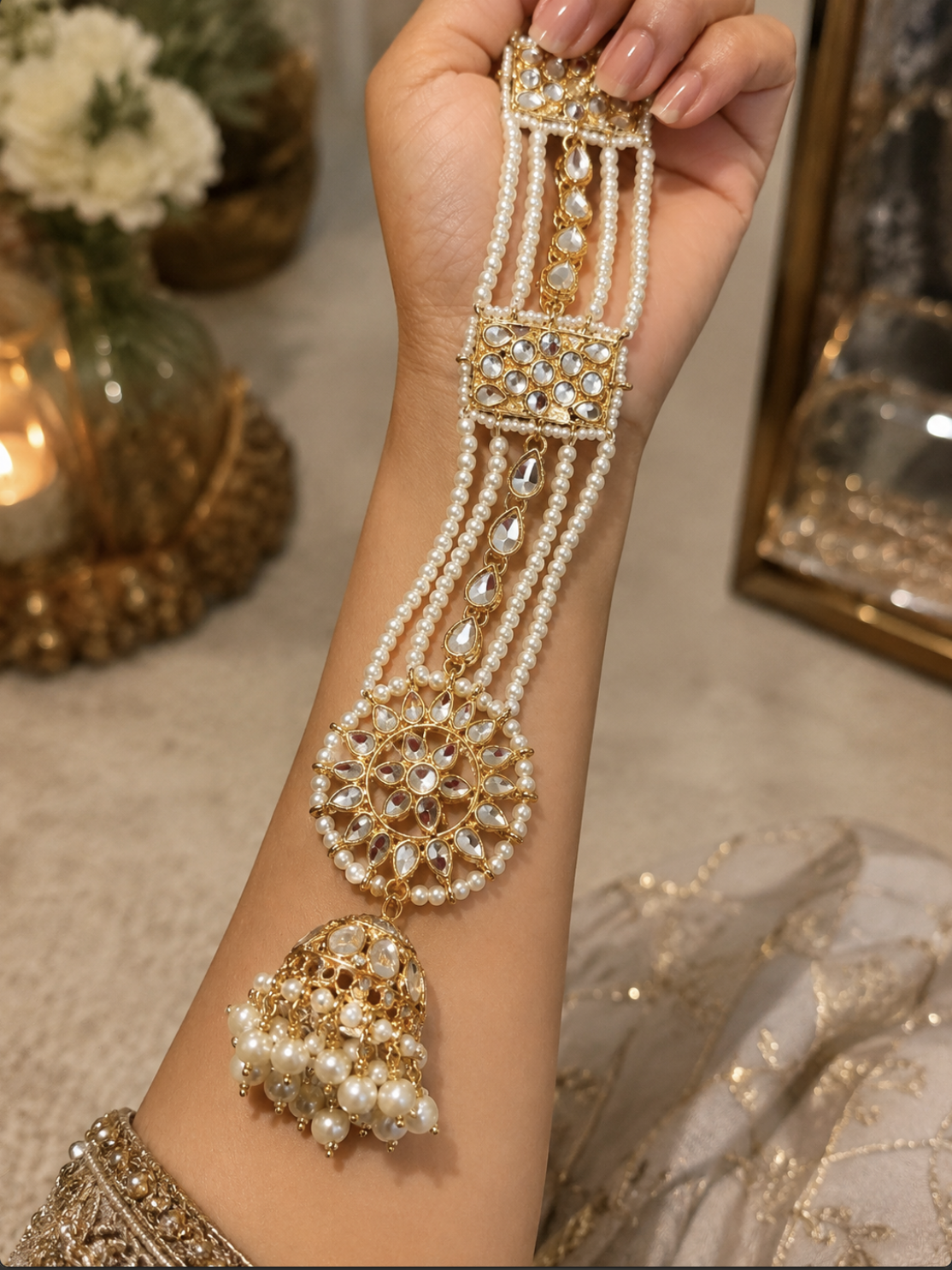 Hand jewelry piece with pearl strands and gold detailing
