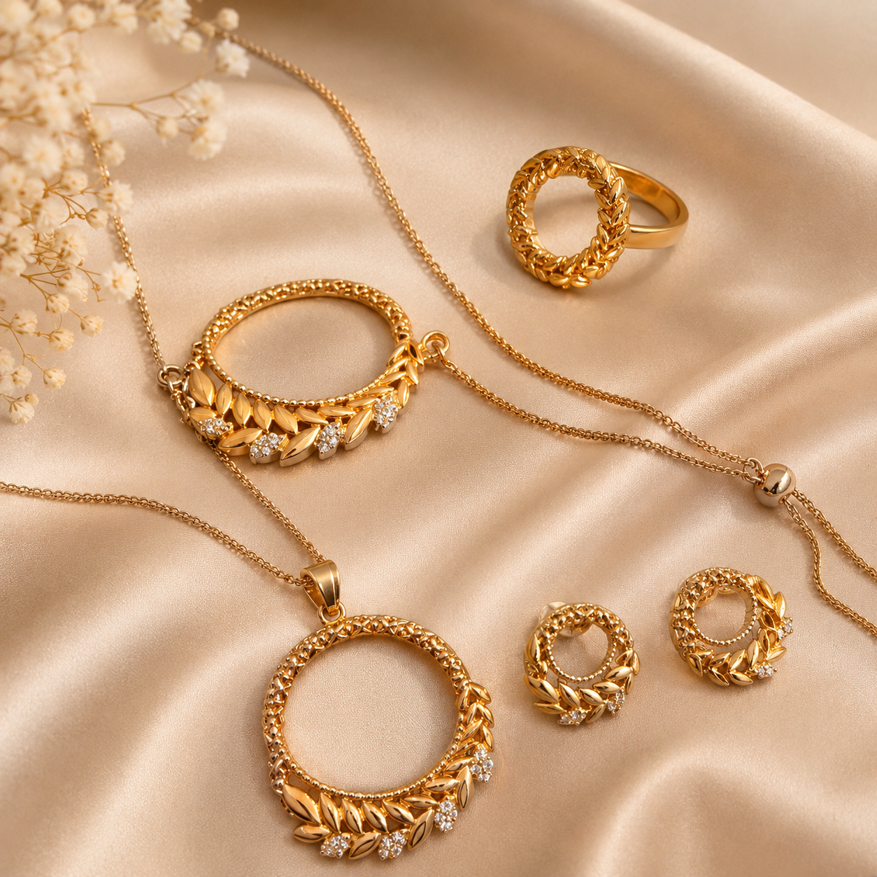 Gold leaf-motif jewelry set with pendant necklace, bracelet, ring and earrings on satin