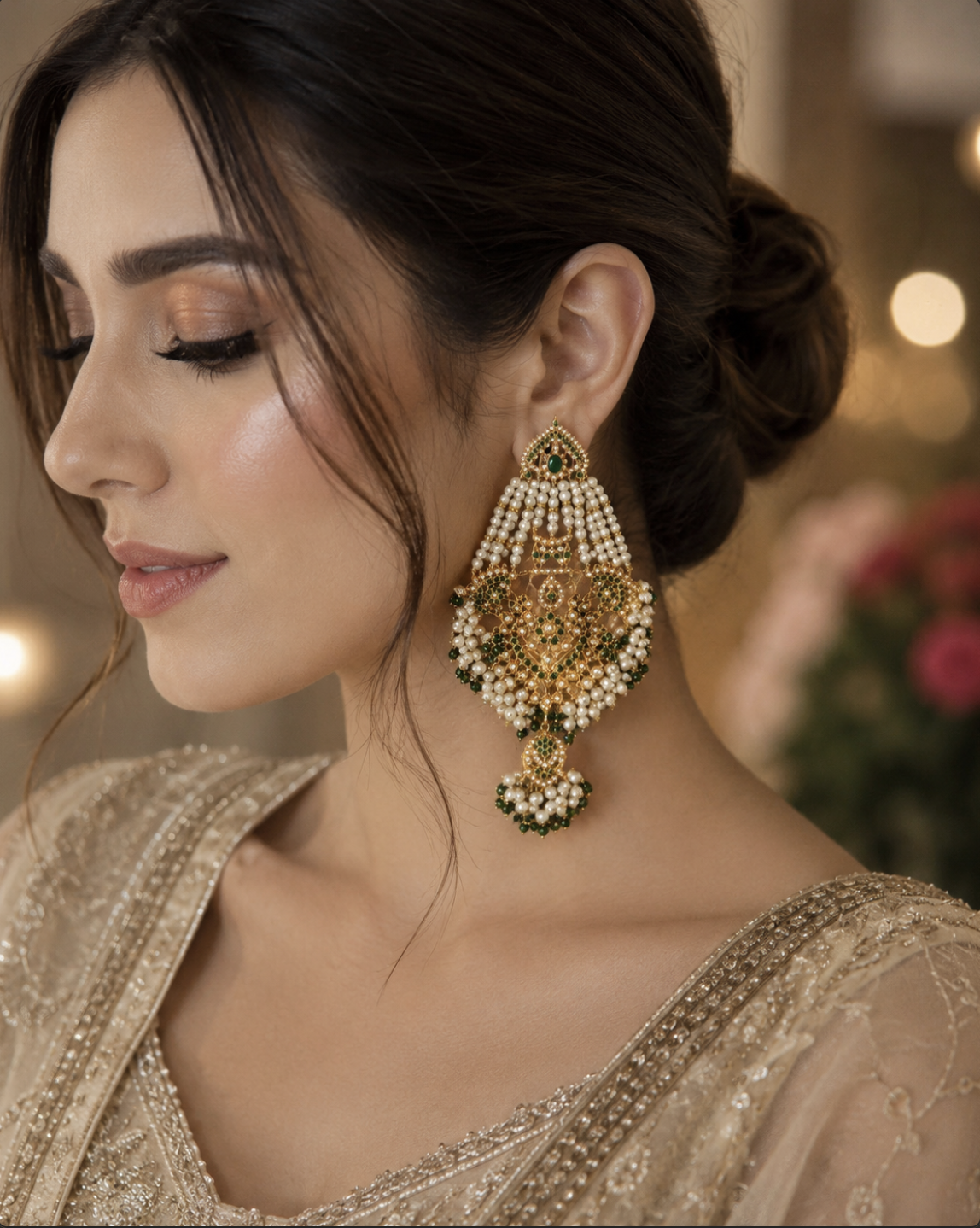 Model wearing emerald and pearl statement earrings