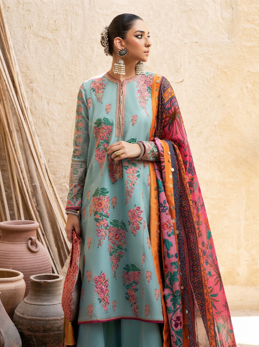 Model wearing a powder blue embroidered kurta with floral motifs and a colorful printed dupatta