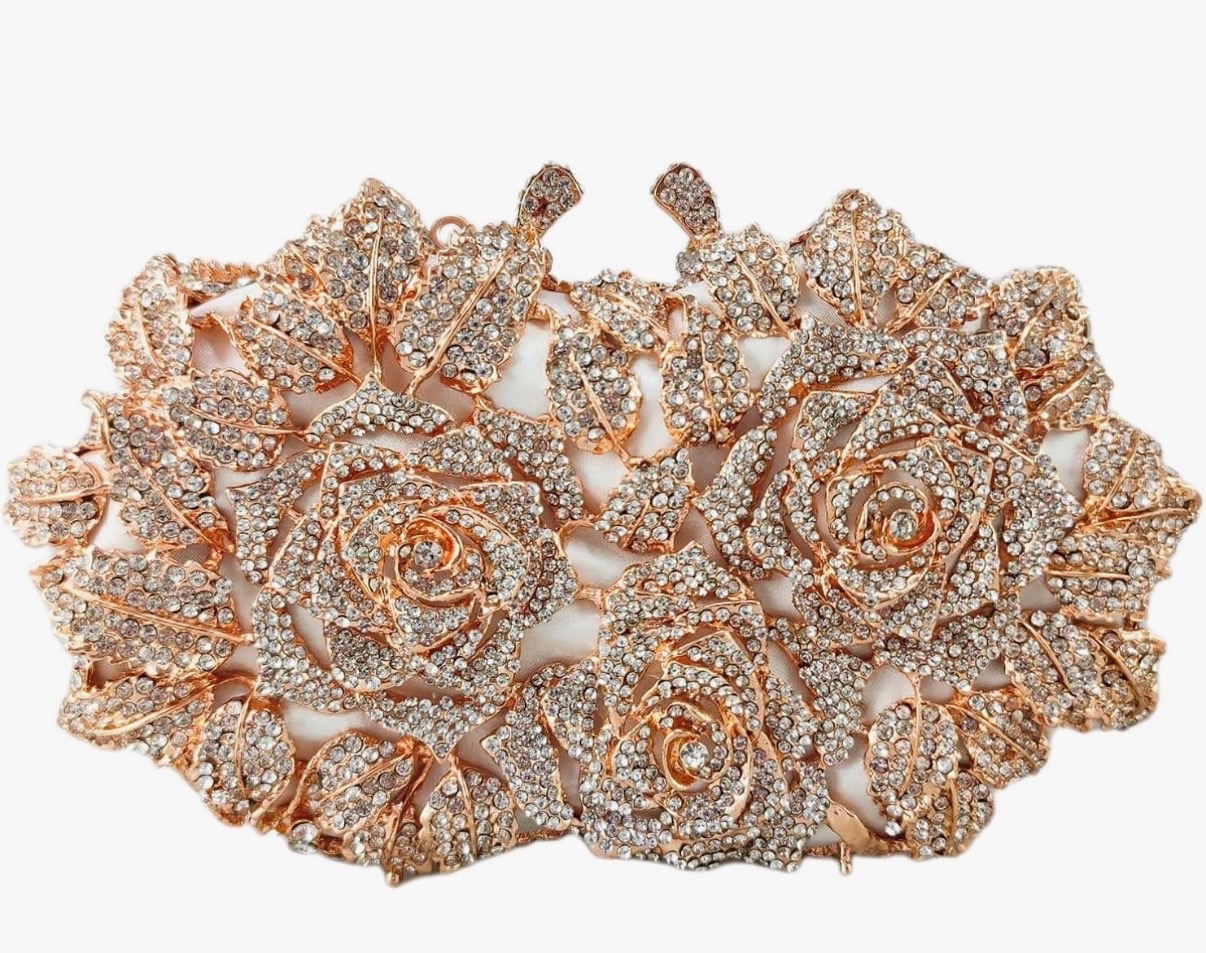 Rose gold crystal-encrusted floral rose evening clutch