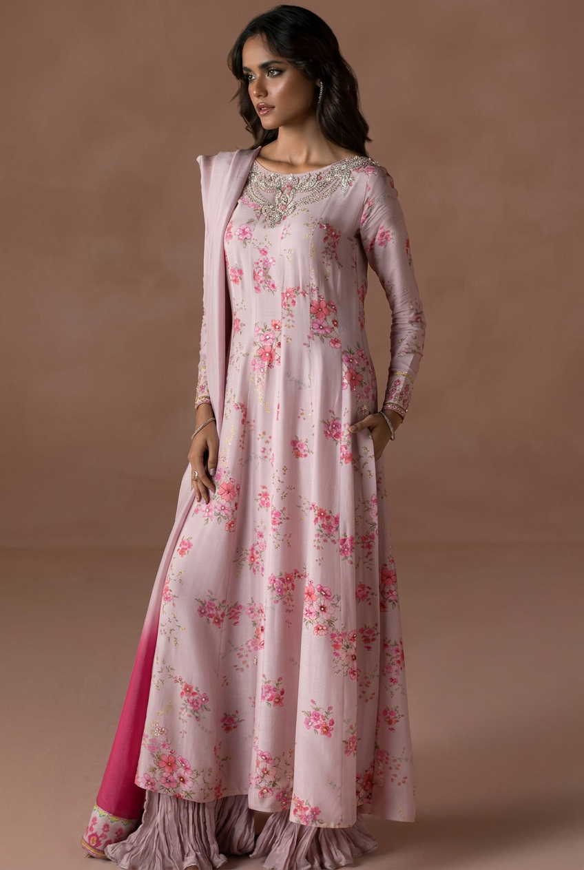 Model wearing a blush pink floral printed Anarkali gown with embellished neckline and dupatta