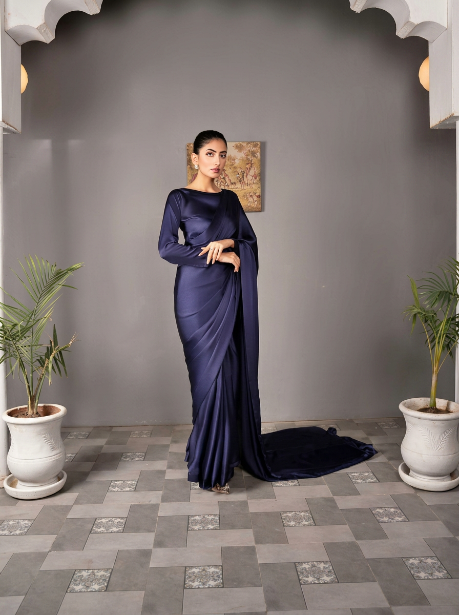 Model wearing a midnight navy satin saree with full-sleeve blouse